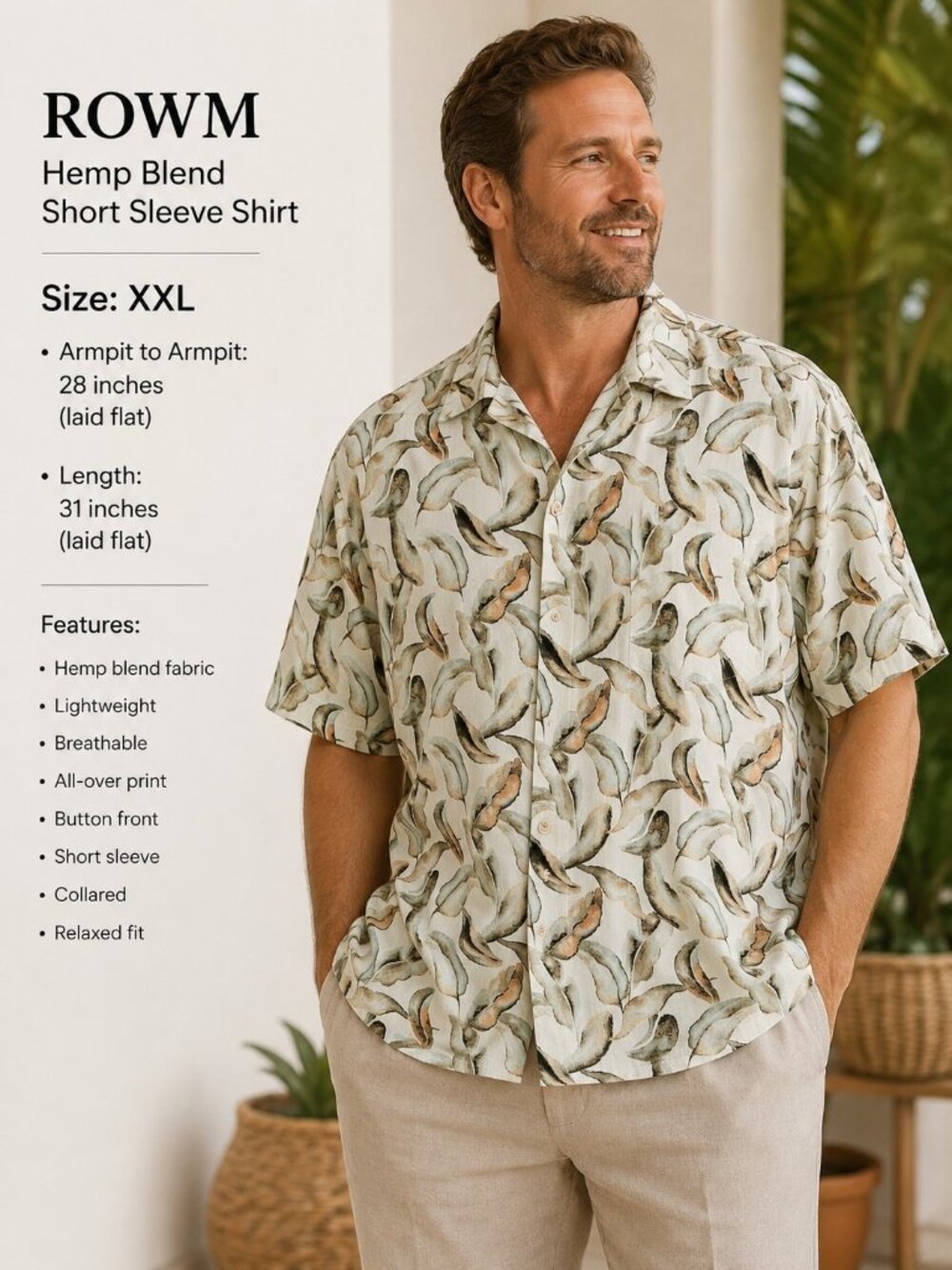 ROWM Men's XXL Hemp Blend Tropical Leaf Print Camp Shirt Button Front NWT